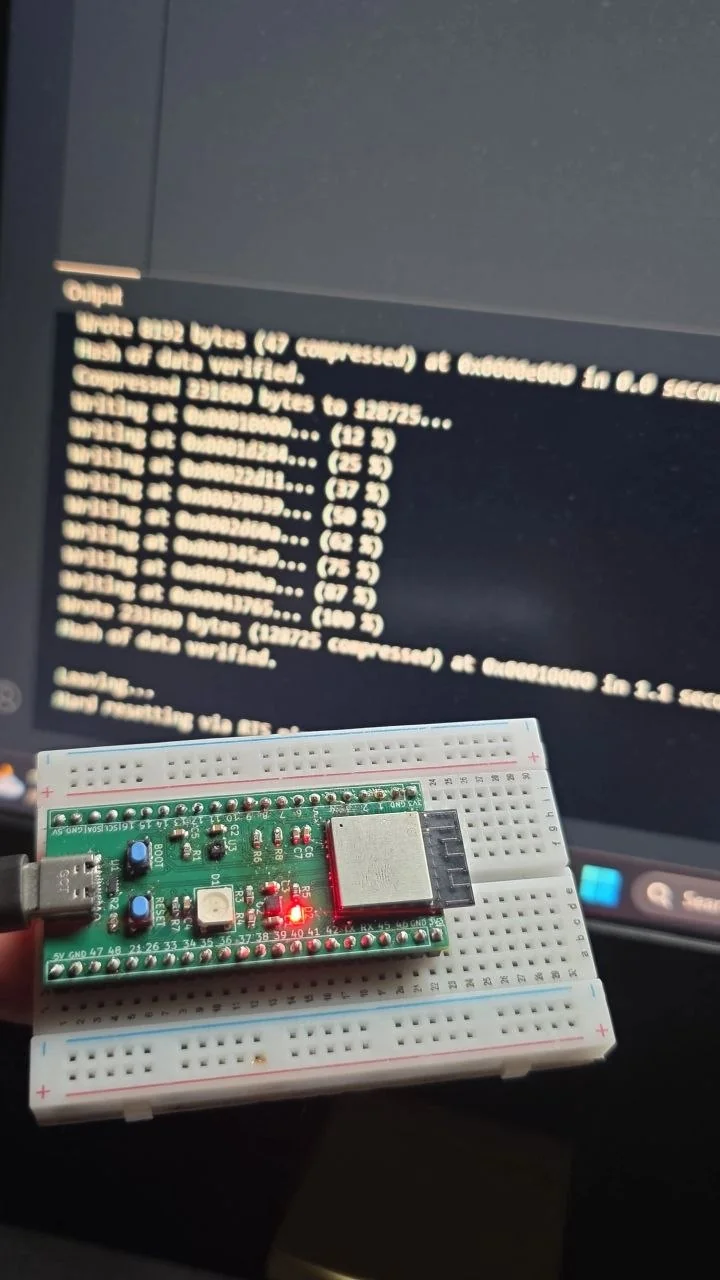 The assembled board on a breadboard while being flashed over USB-C